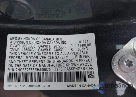 2024 Honda Civic Sport z USA, uszkodzony, nr VIN 2HGFE2F55RH549875